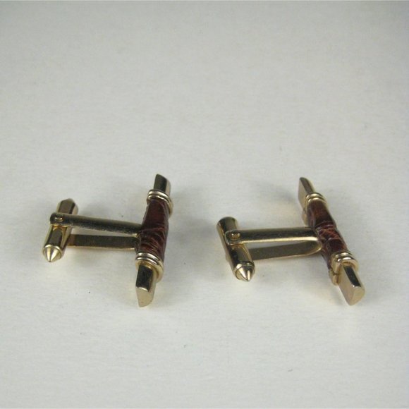 Leather Goldtone Set 2 Cufflink Vintage Bullet MCM MOD Midcentury Modern - Picture 5 of 6